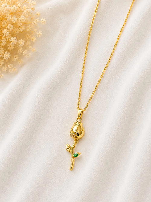 Gold Finished Yellow Stone Rose Tulip Pendant Necklace