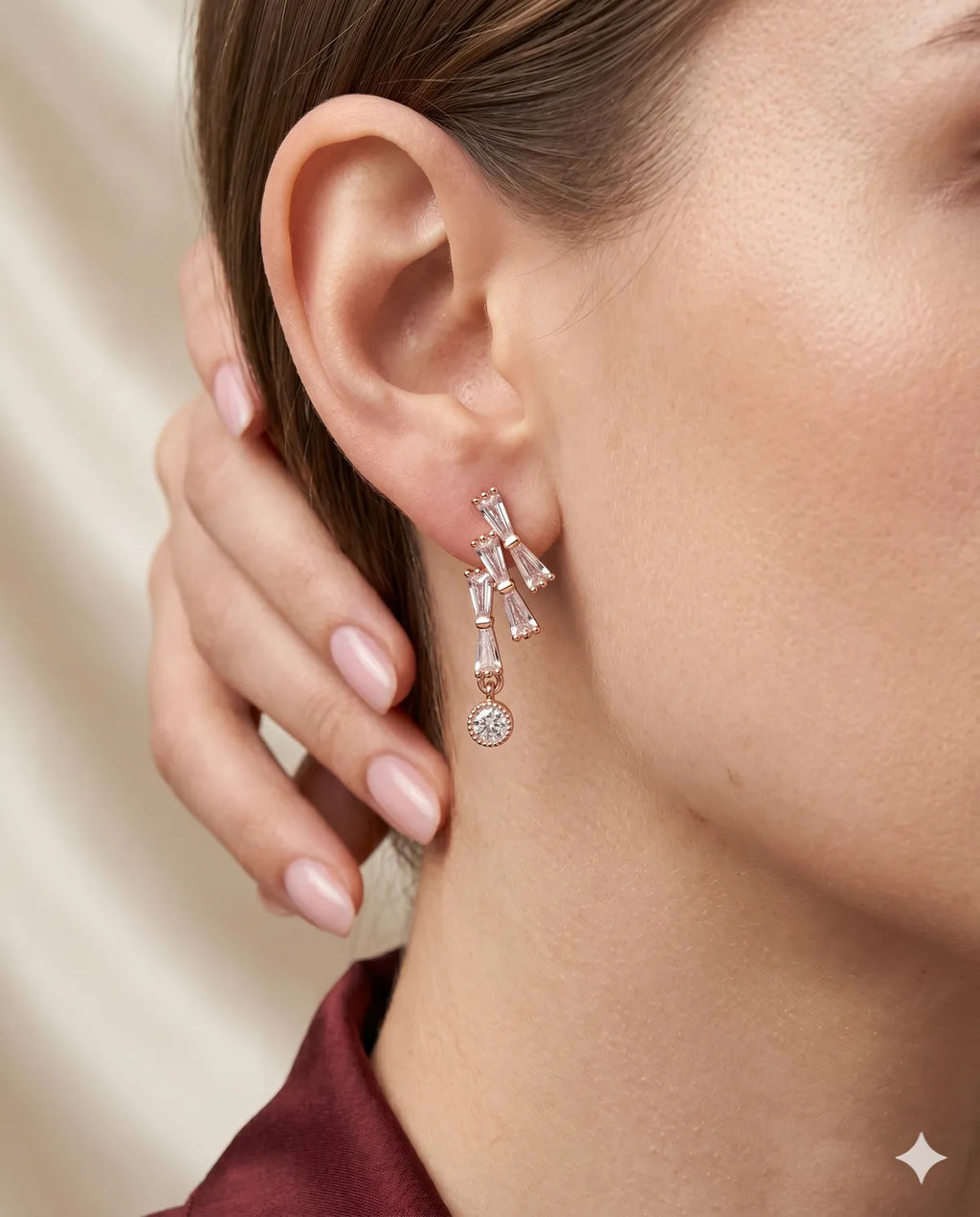 Rose Gold Baguette Crystal Dangle Earrings for Women