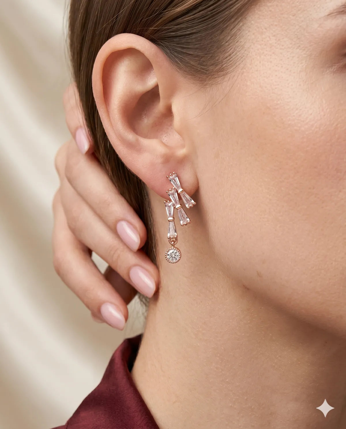Rose Gold Baguette Crystal Dangle Earrings for Women
