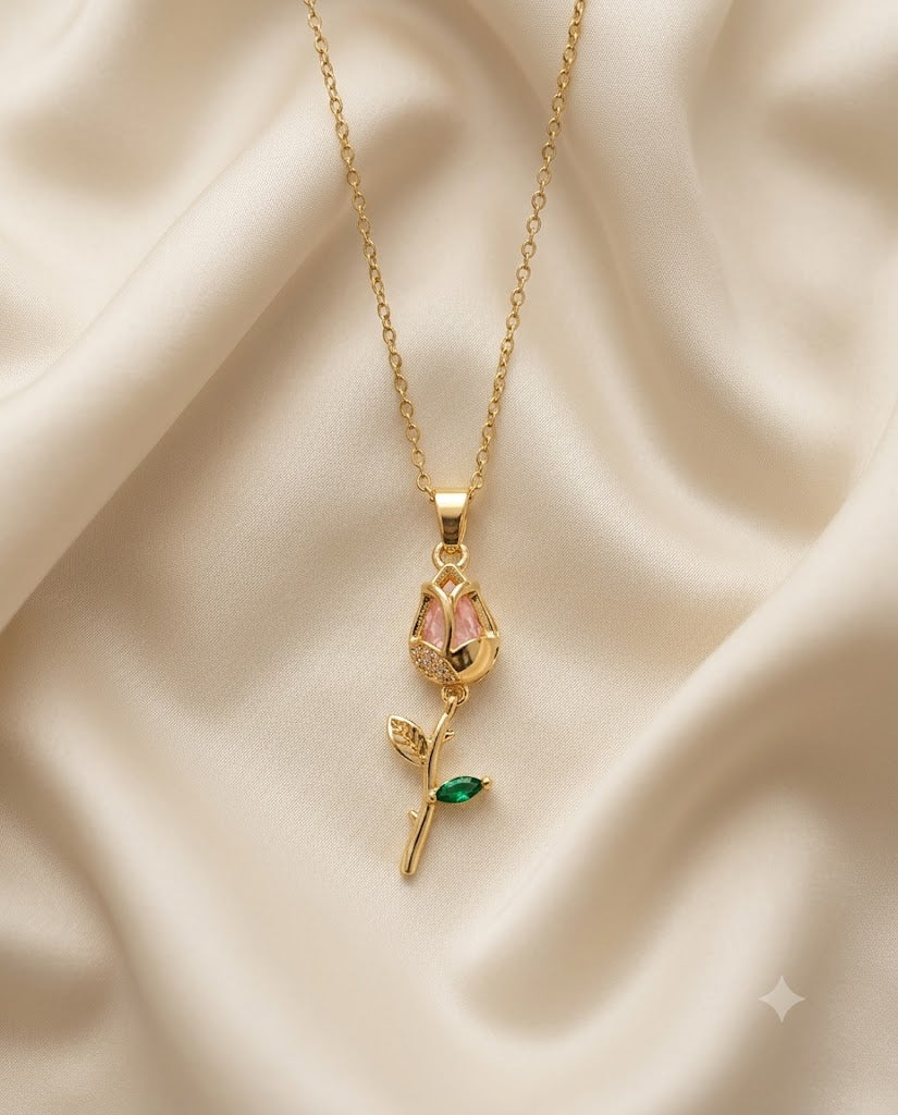 Gold Finished Pink Stone Rose Pendant Necklace Women