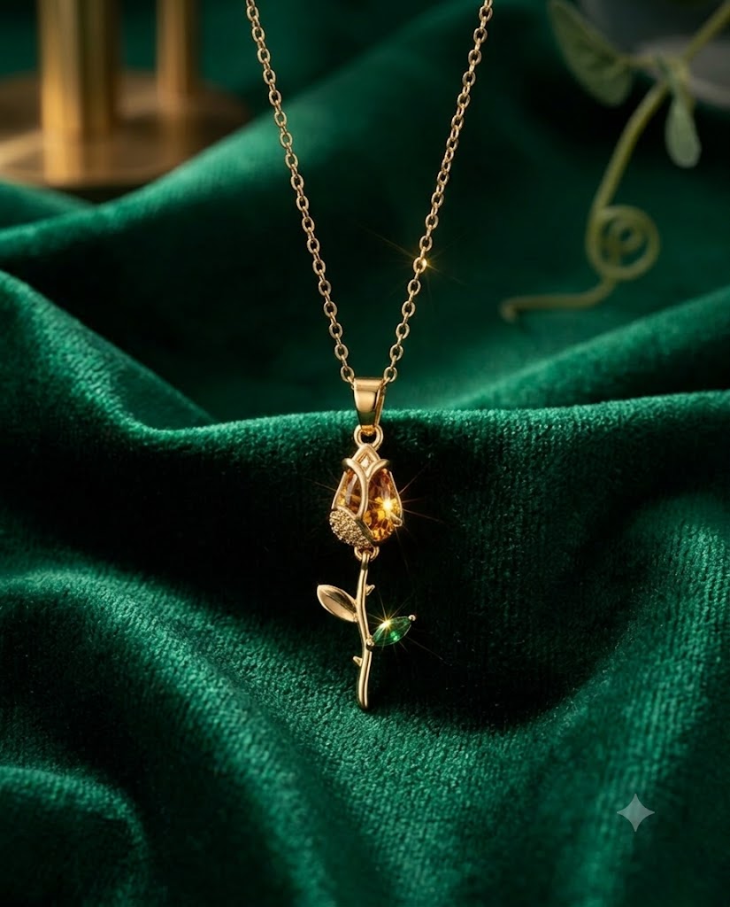 Gold Finished Yellow Stone Rose Tulip Pendant Necklace