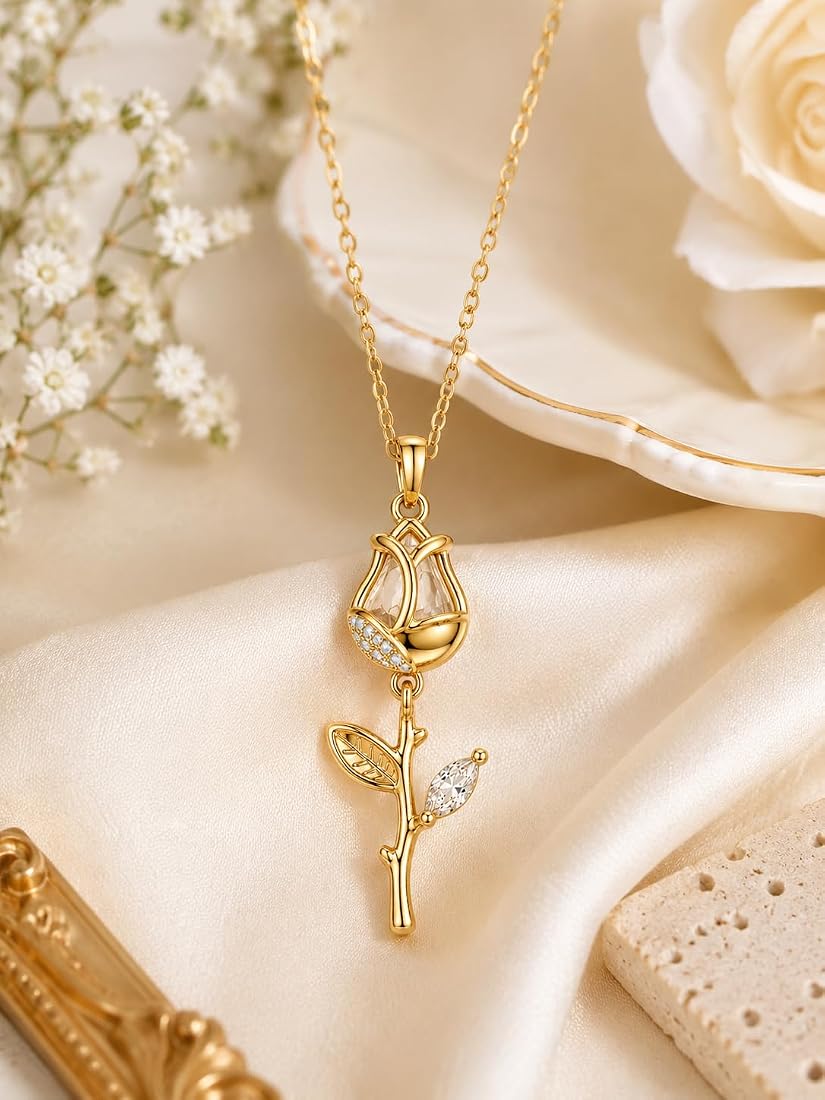 Gold Finished Clear Stone Rose Tulip Pendant Necklace