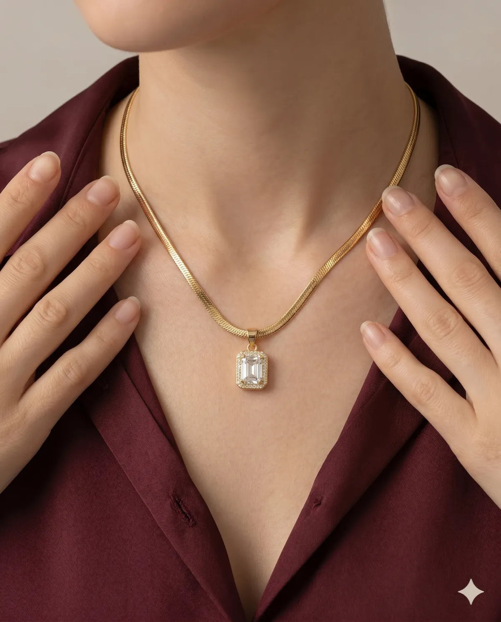Gold Finished Pave Crystal Rectangular Pendant Necklace