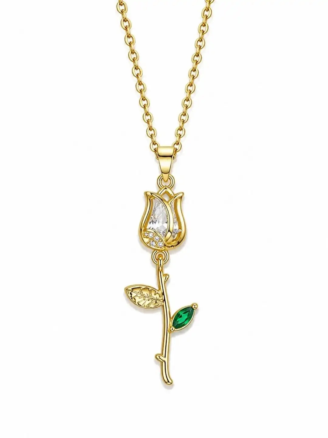 Gold Finished Clear Stone Rose Tulip Pendant Necklace