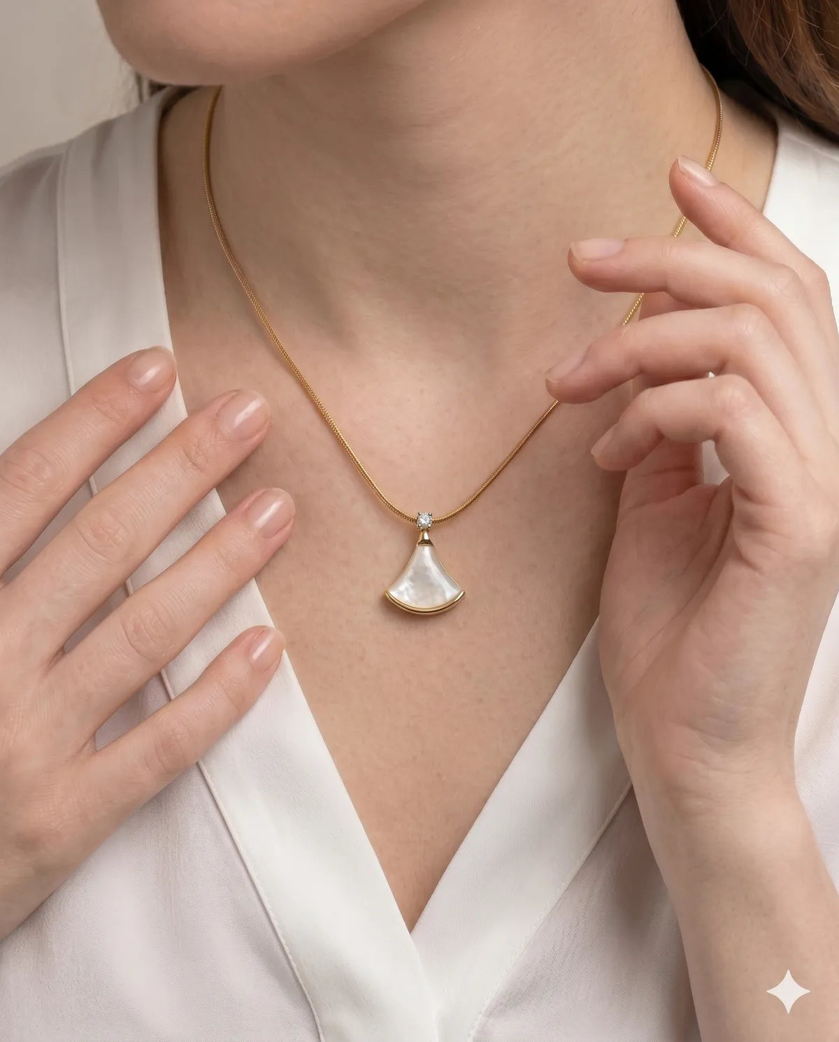 White Mother Of Pearl Fan Pendant Gold Chain Necklace