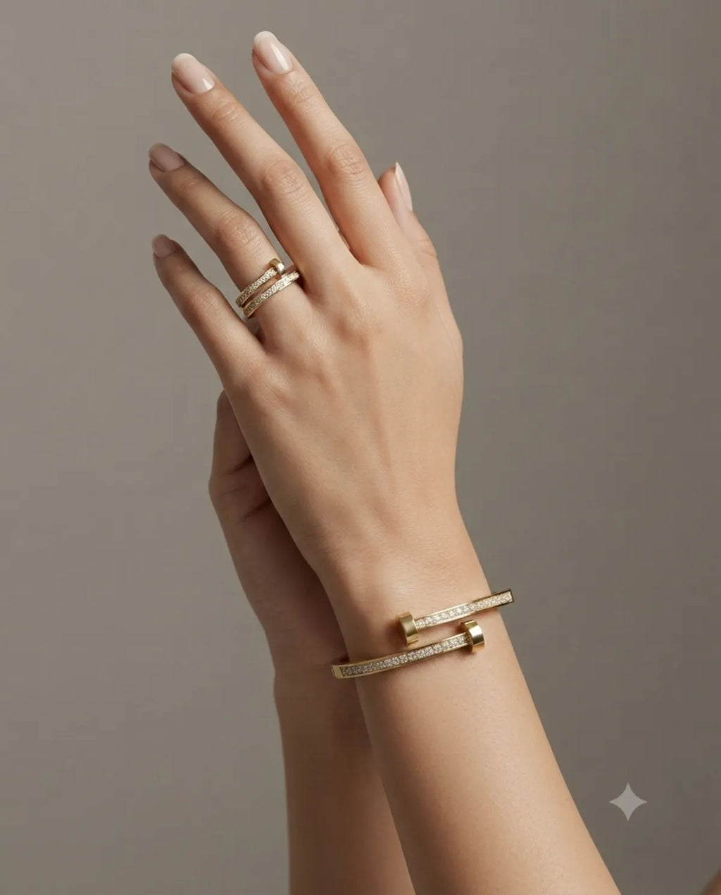 Gold Crystal Nail Style Bracelet & Ring Jewelry Combo Set