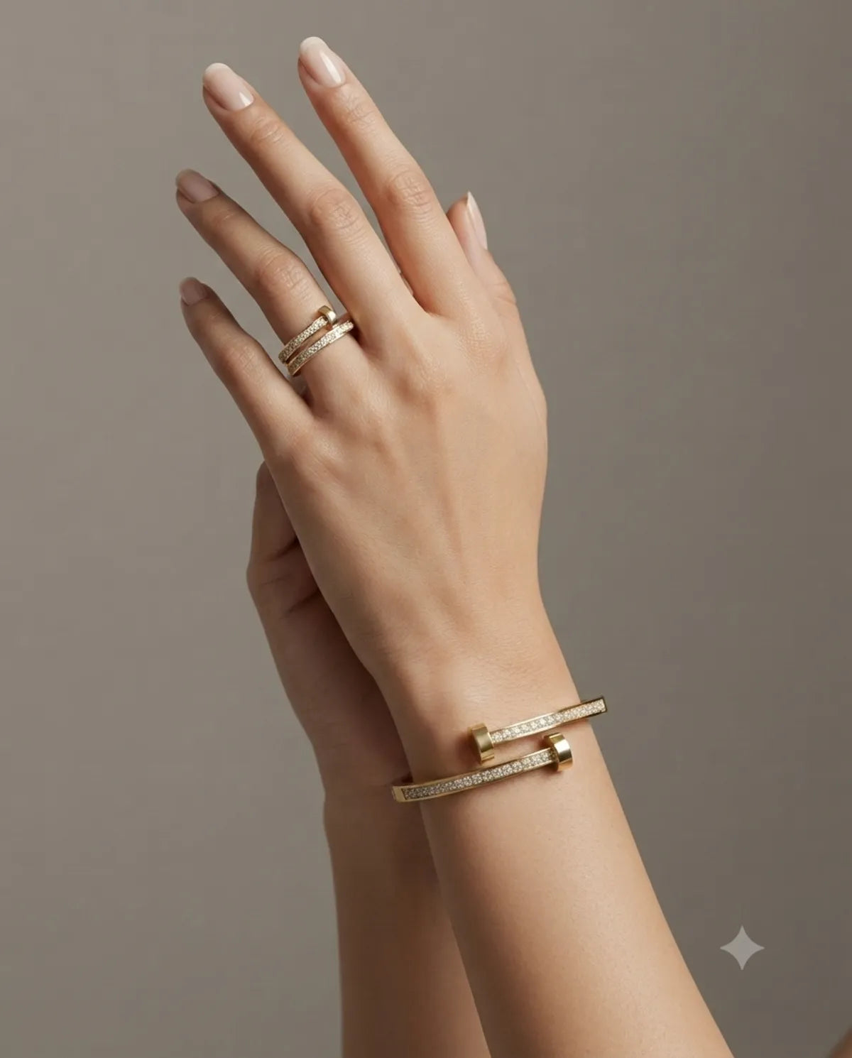 Gold Crystal Nail Style Bracelet & Ring Jewelry Combo Set