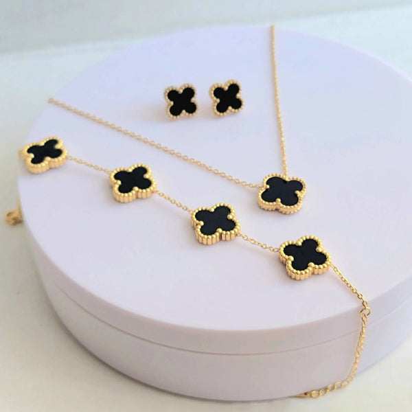 Stainless Steel Gold Plated Set Of Black Anti Tarnish Clover Jewellery Set For Girls And Women