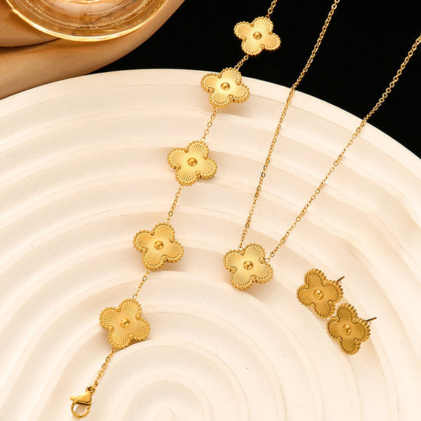 Stainless Steel Gold Plated Set Of Anti Tarnish Clover Jewellery Set For Girls And Women