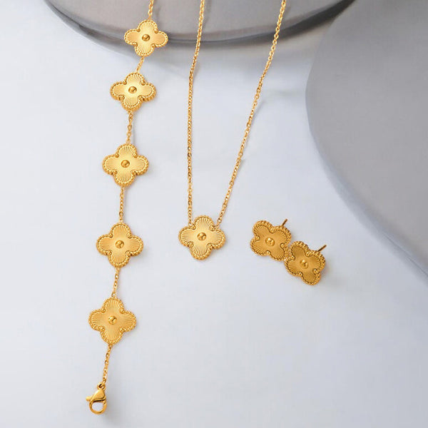 Stainless Steel Gold Plated Set Of Anti Tarnish Clover Jewellery Set For Girls And Women