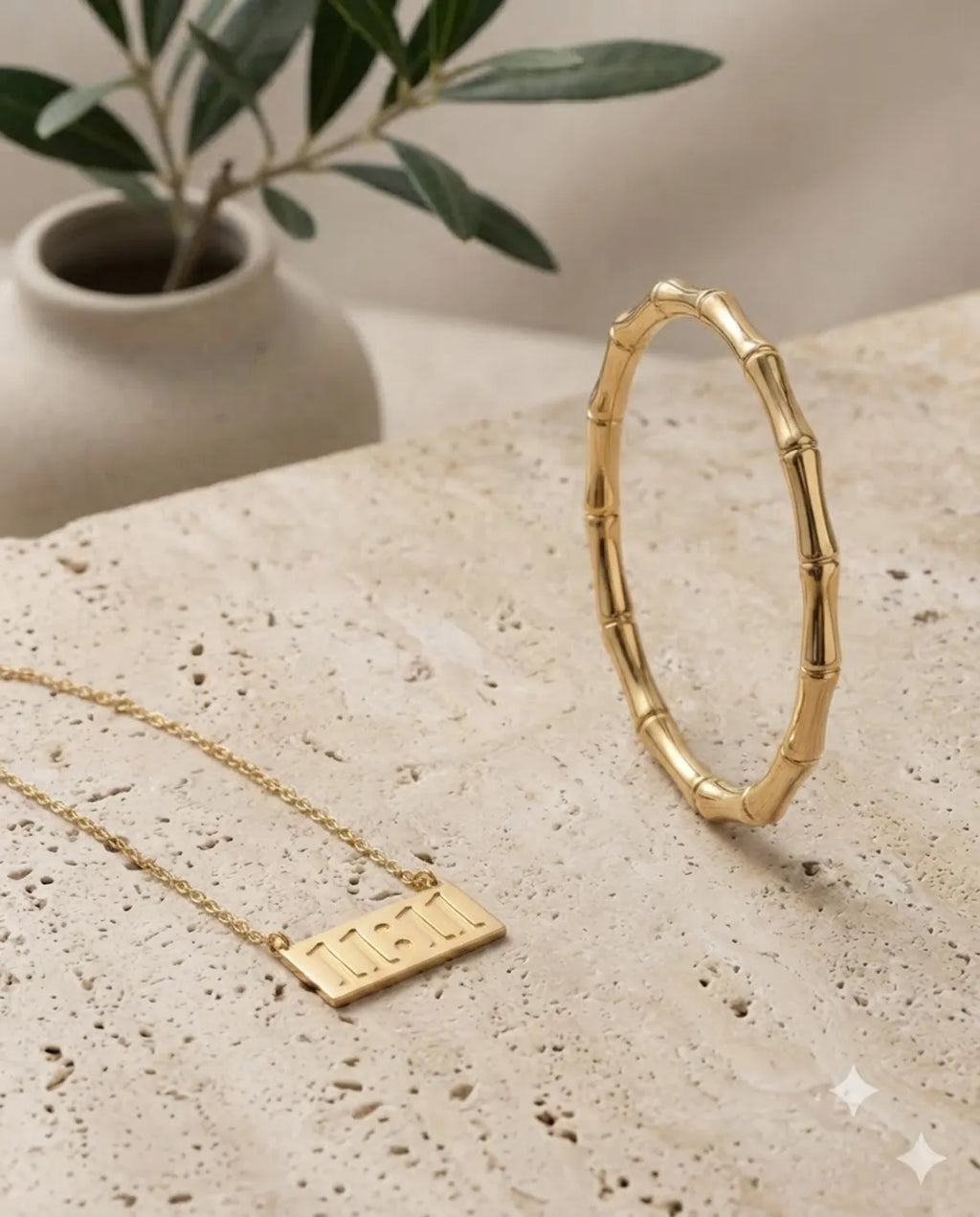 Gold Bamboo Bracelet and 11:11 Necklace Combo Set