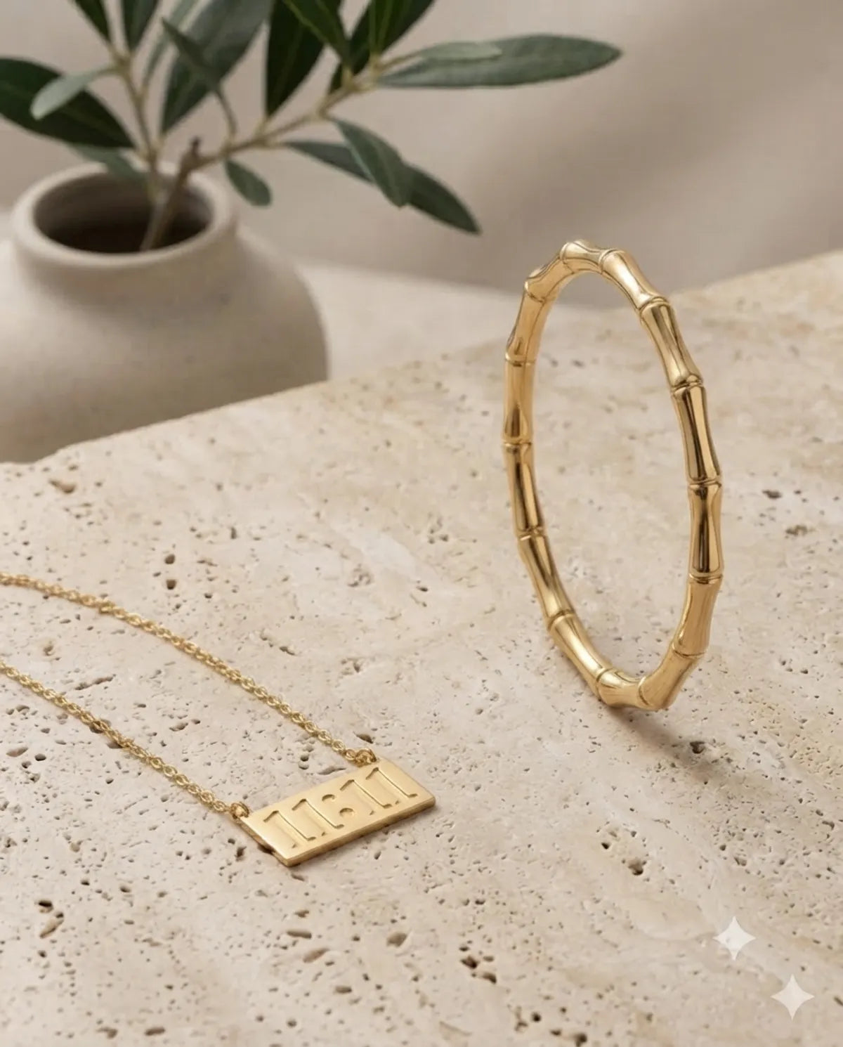 Gold Bamboo Bracelet and 11:11 Necklace Combo Set