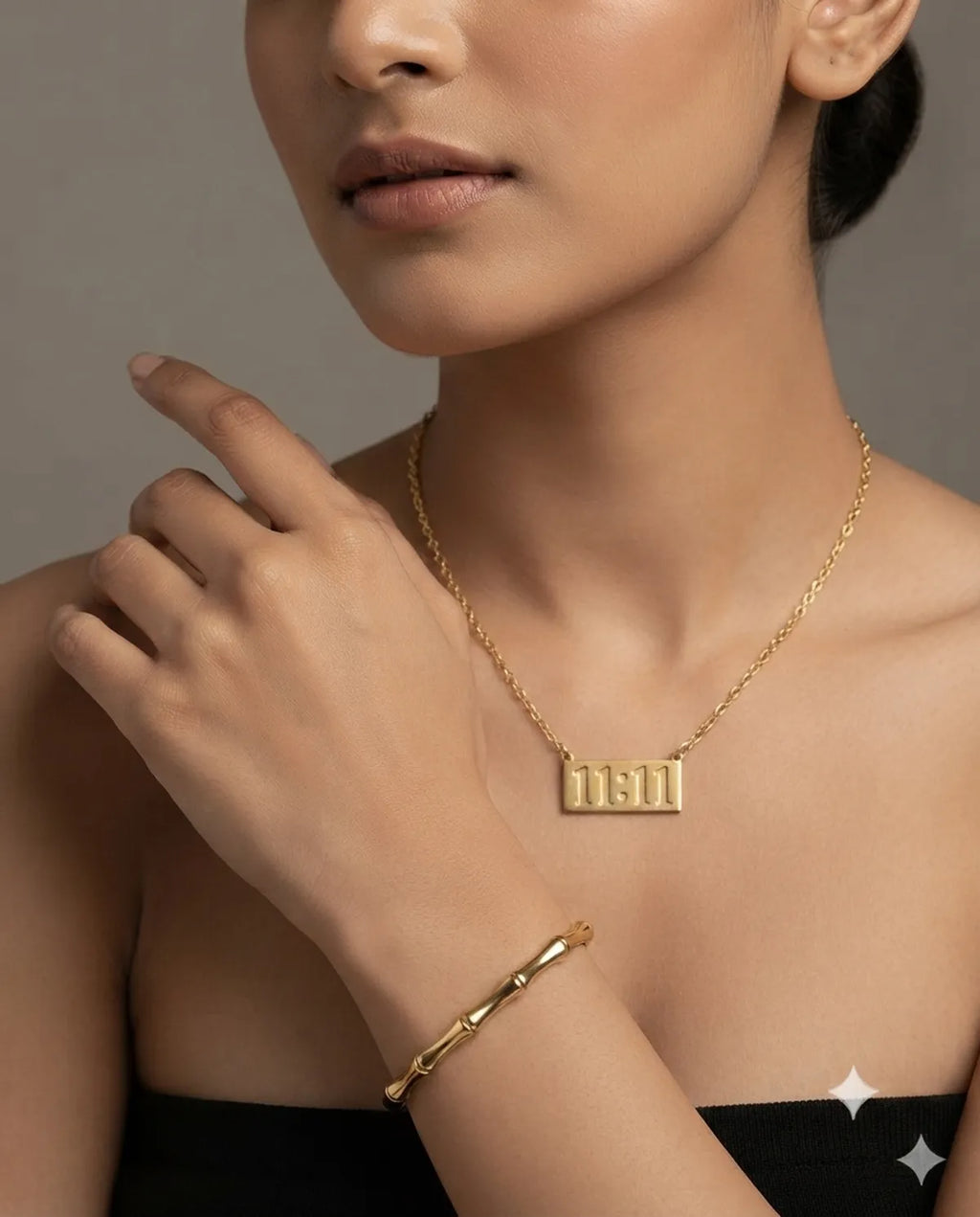 Gold Bamboo Bracelet and 11:11 Necklace Combo Set