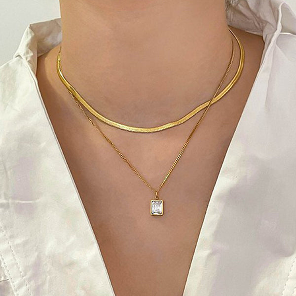 Gold-Plated Anti Tarnish White Emerald Geometric Layered Necklace