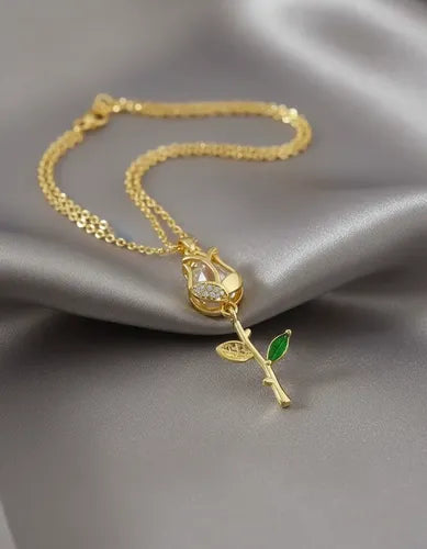 Gold Finished Clear Stone Rose Tulip Pendant Necklace