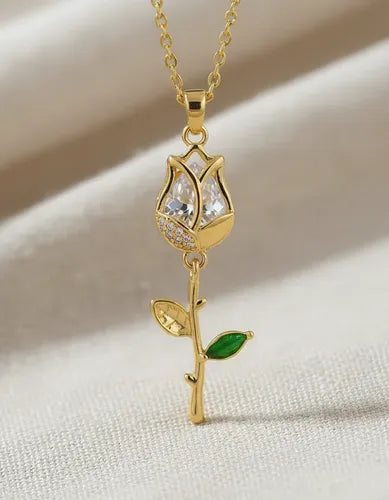 Gold Finished Clear Stone Rose Tulip Pendant Necklace