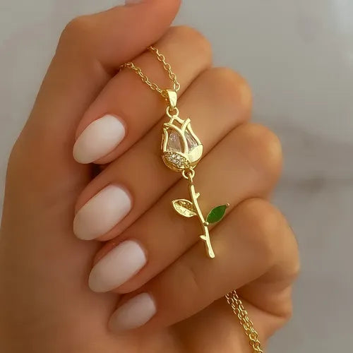 Gold Finished Clear Stone Rose Tulip Pendant Necklace