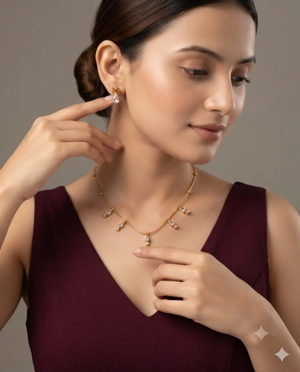 Gold Finished Teardrop Crystal Pendant Necklace Combo Set