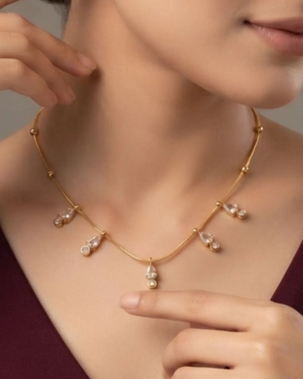 Gold Finished Teardrop Crystal Pendant Necklace Combo Set