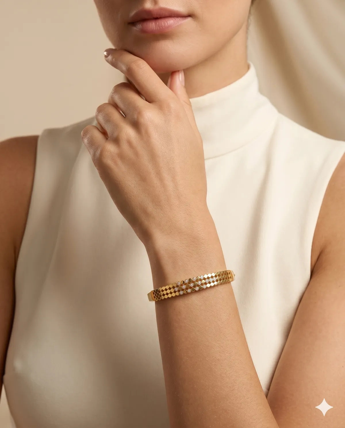 Gold Plated Crystal Studded Textured Bangle Bracelet for Women