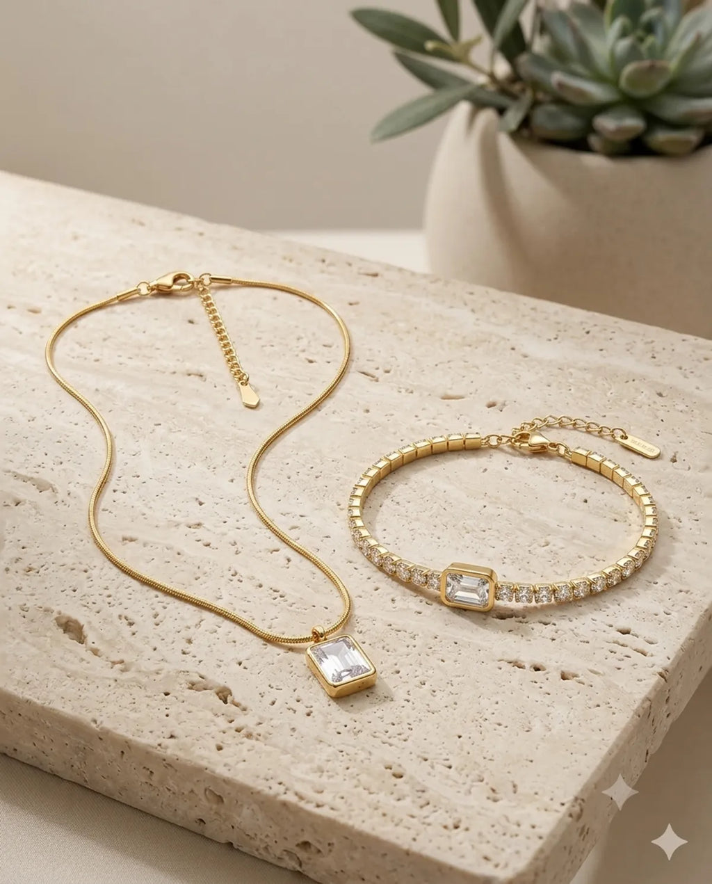 Gold Baguette Crystal Necklace and Tennis Bracelet Combo Set