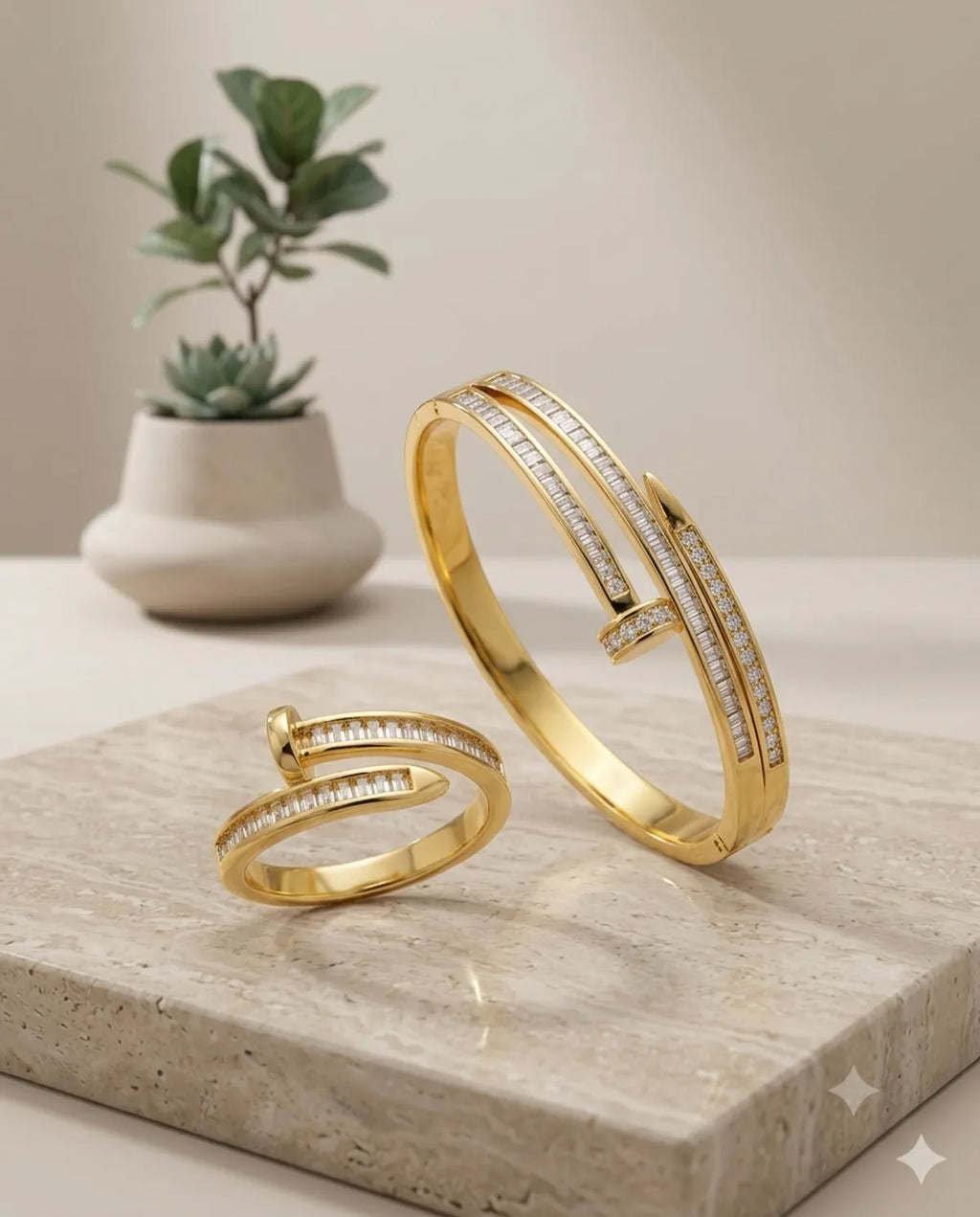 Gold Baguette Diamond Nail Style Jewelry Combo Set