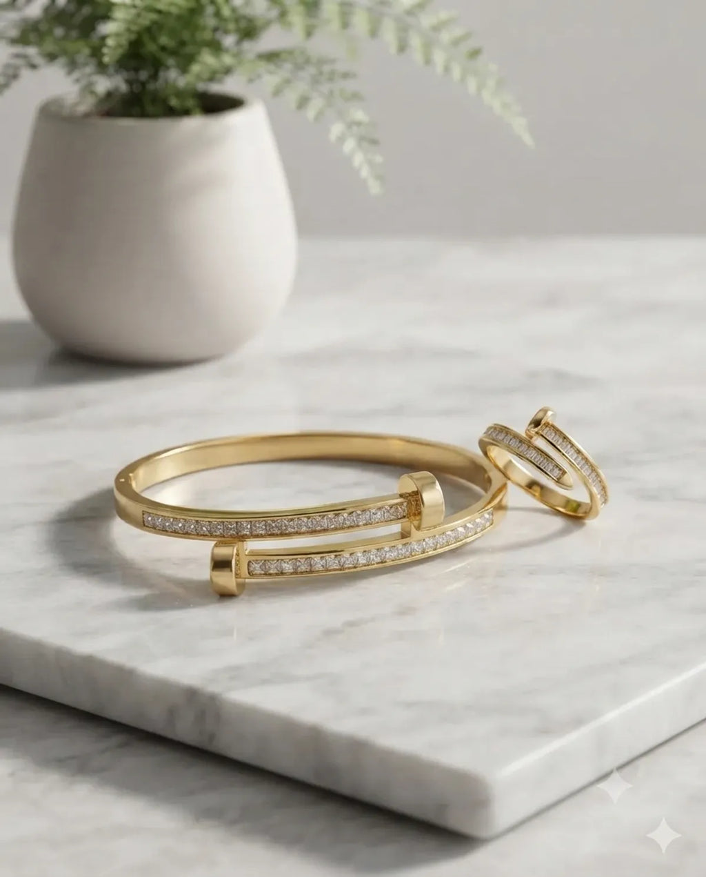 Gold Crystal Nail Style Bracelet & Ring Jewelry Combo Set