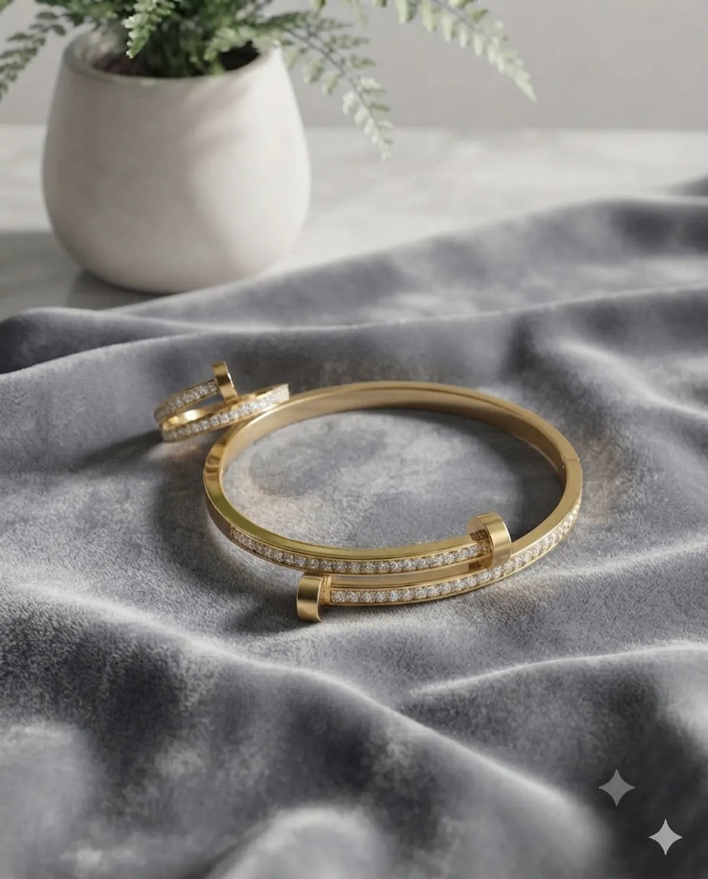 Gold Crystal Nail Style Bracelet & Ring Jewelry Combo Set