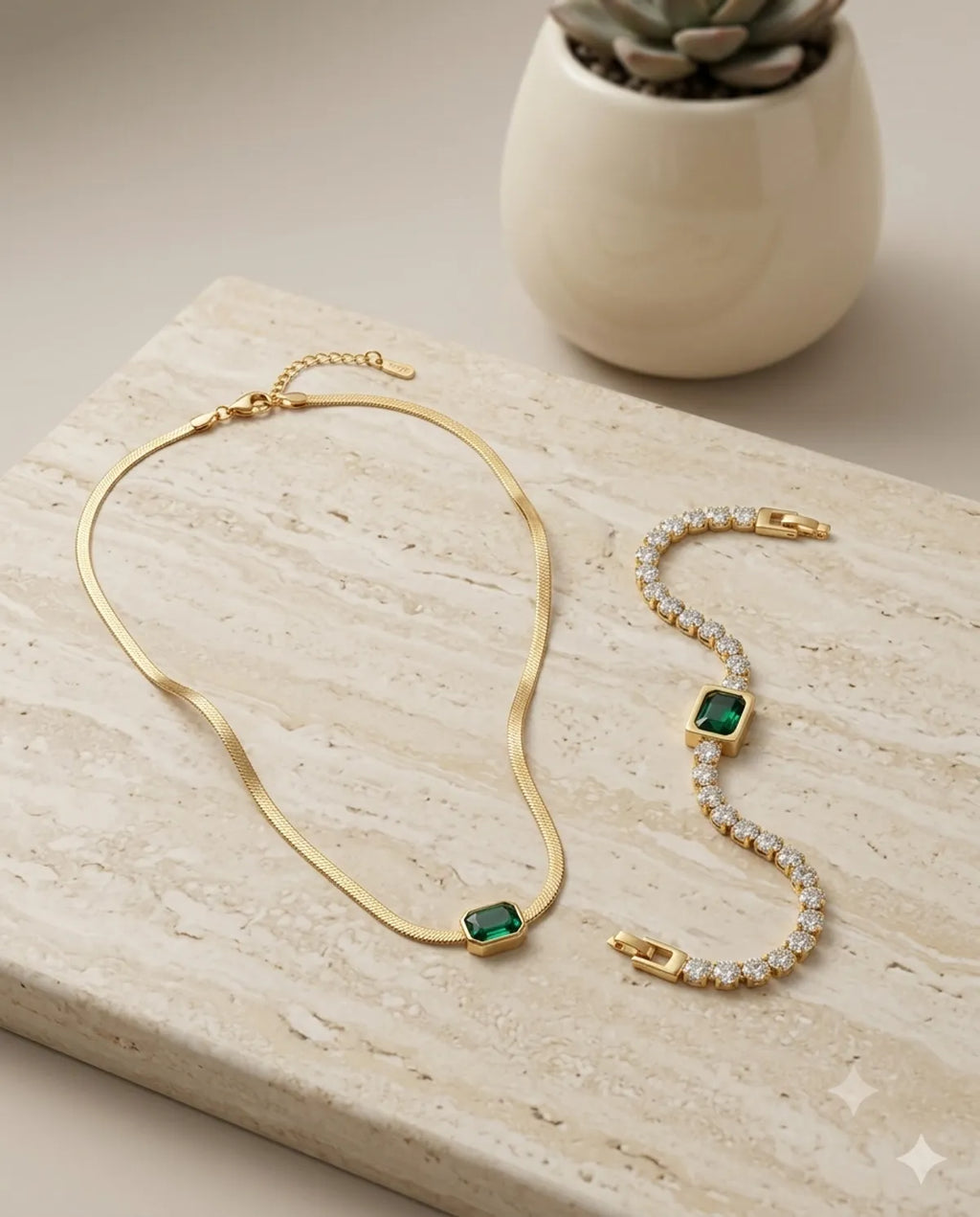 Gold Emerald Stone Jewelry Necklace Bracelet Combo Set