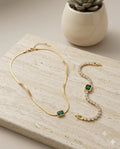 Gold Emerald Stone Jewelry Necklace Bracelet Combo Set