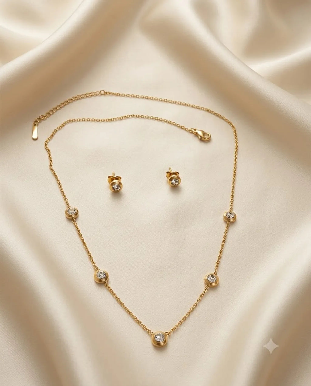 Gold Finished Bezel Crystal Pendant Necklace Combo Set
