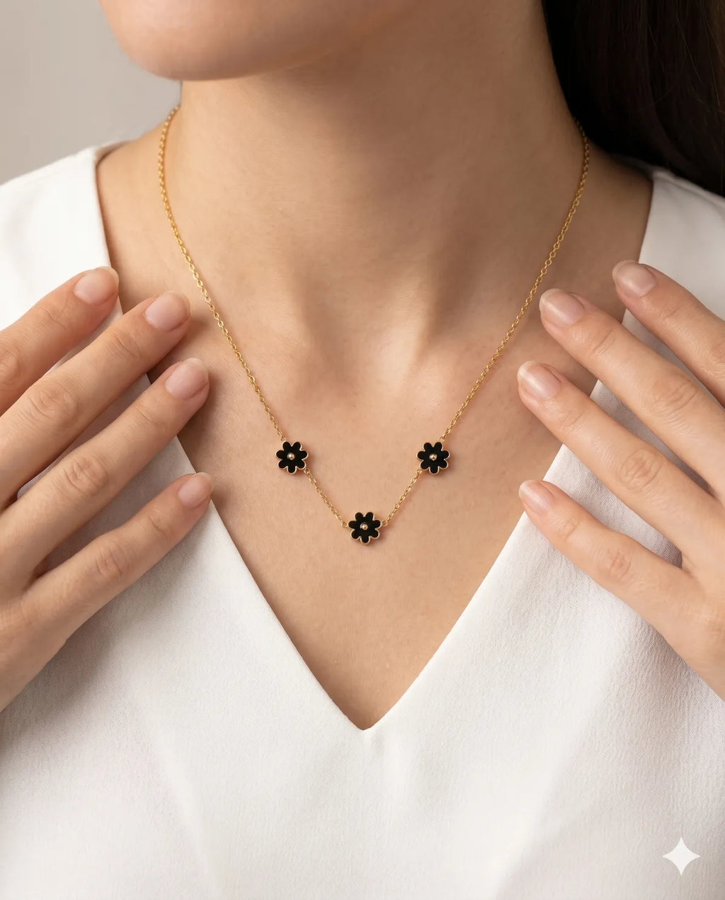 Gold Finished Black Flower Charm Minimalist Layered Necklace