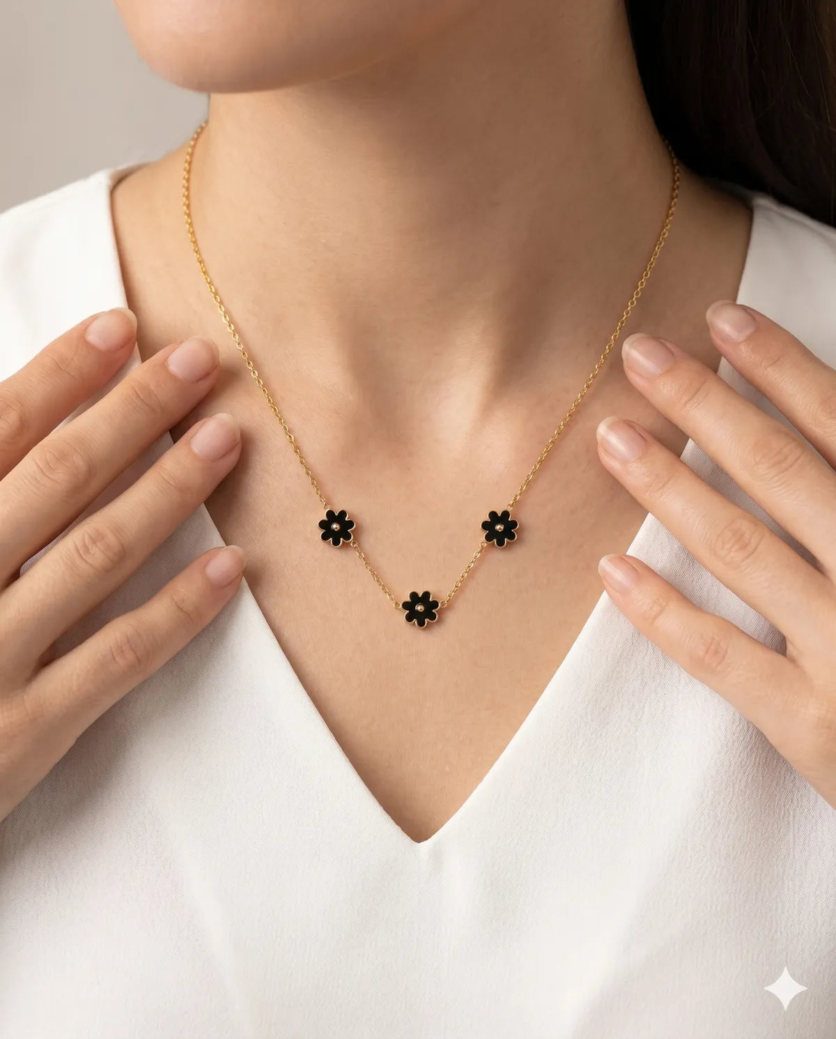 Gold Finished Black Flower Charm Minimalist Layered Necklace