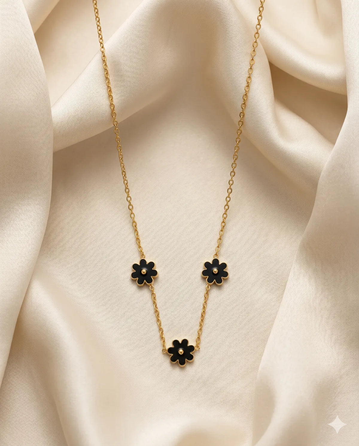 Gold Finished Black Flower Charm Minimalist Layered Necklace