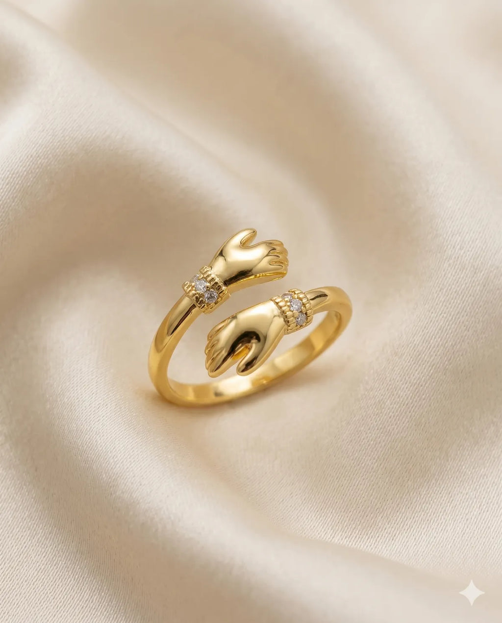 Gold Finished Crystal Hand Hugging Adjustable Ring