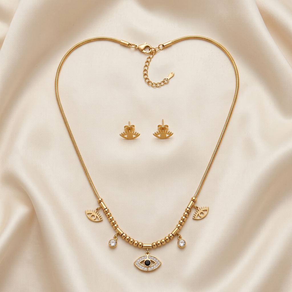 Gold Finished Evil Eye Pave Pendant Necklace Combo Set