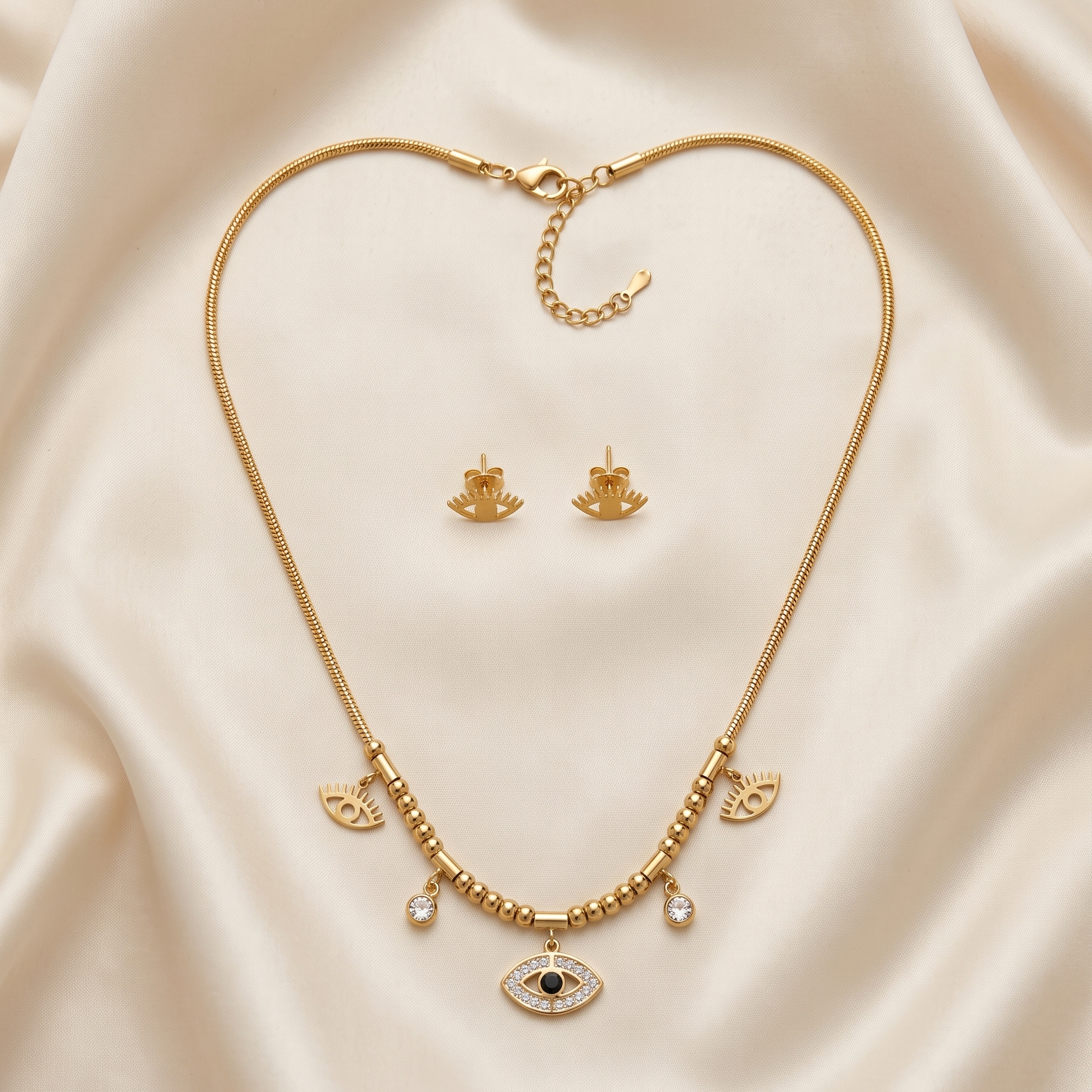 Gold Finished Evil Eye Pave Pendant Necklace Combo Set