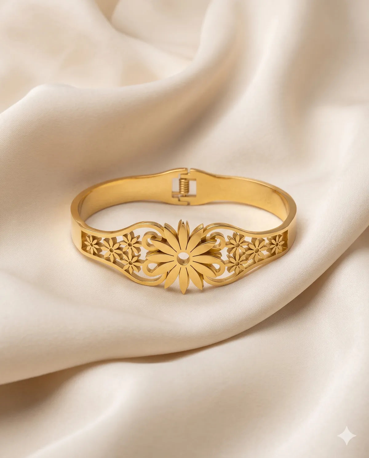 Gold Finished Floral Cutout Hinged Bangle Bracelet