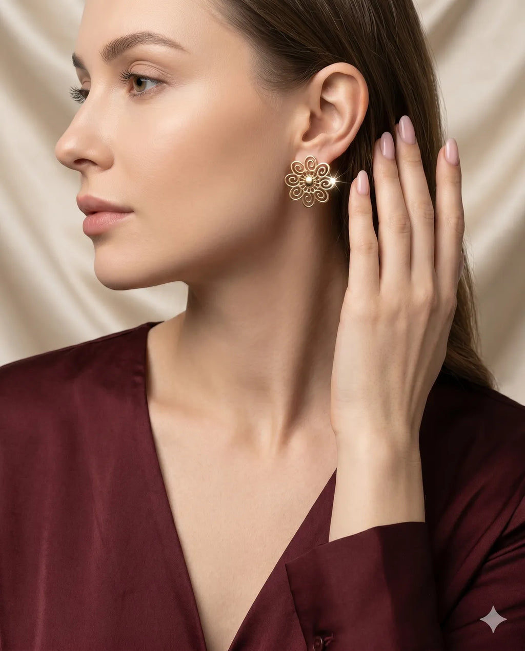 Gold Finished Floral Swirl Stud Earrings Minimalist