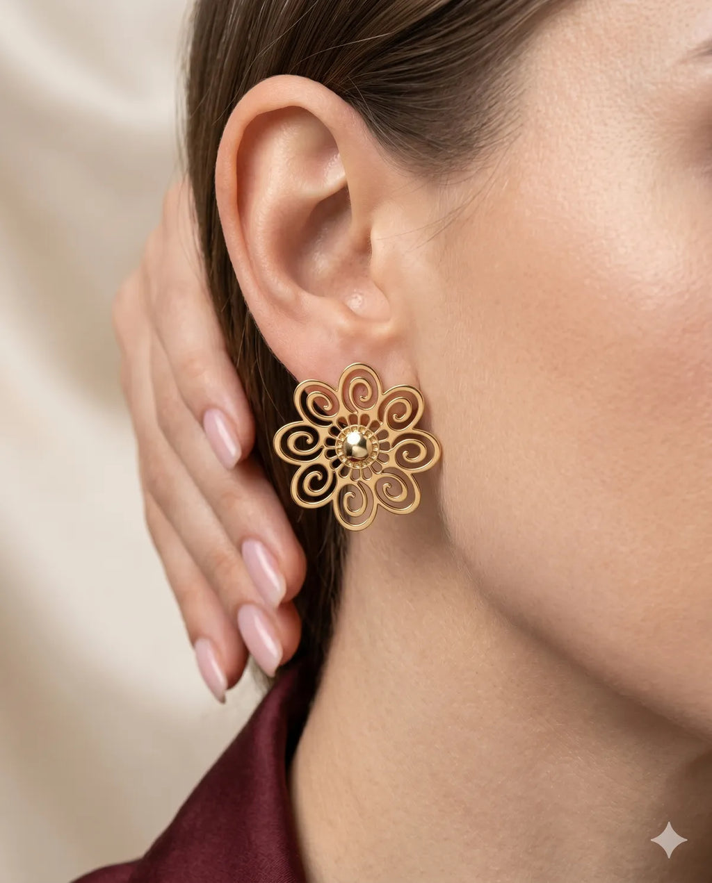 Gold Finished Floral Swirl Stud Earrings Minimalist
