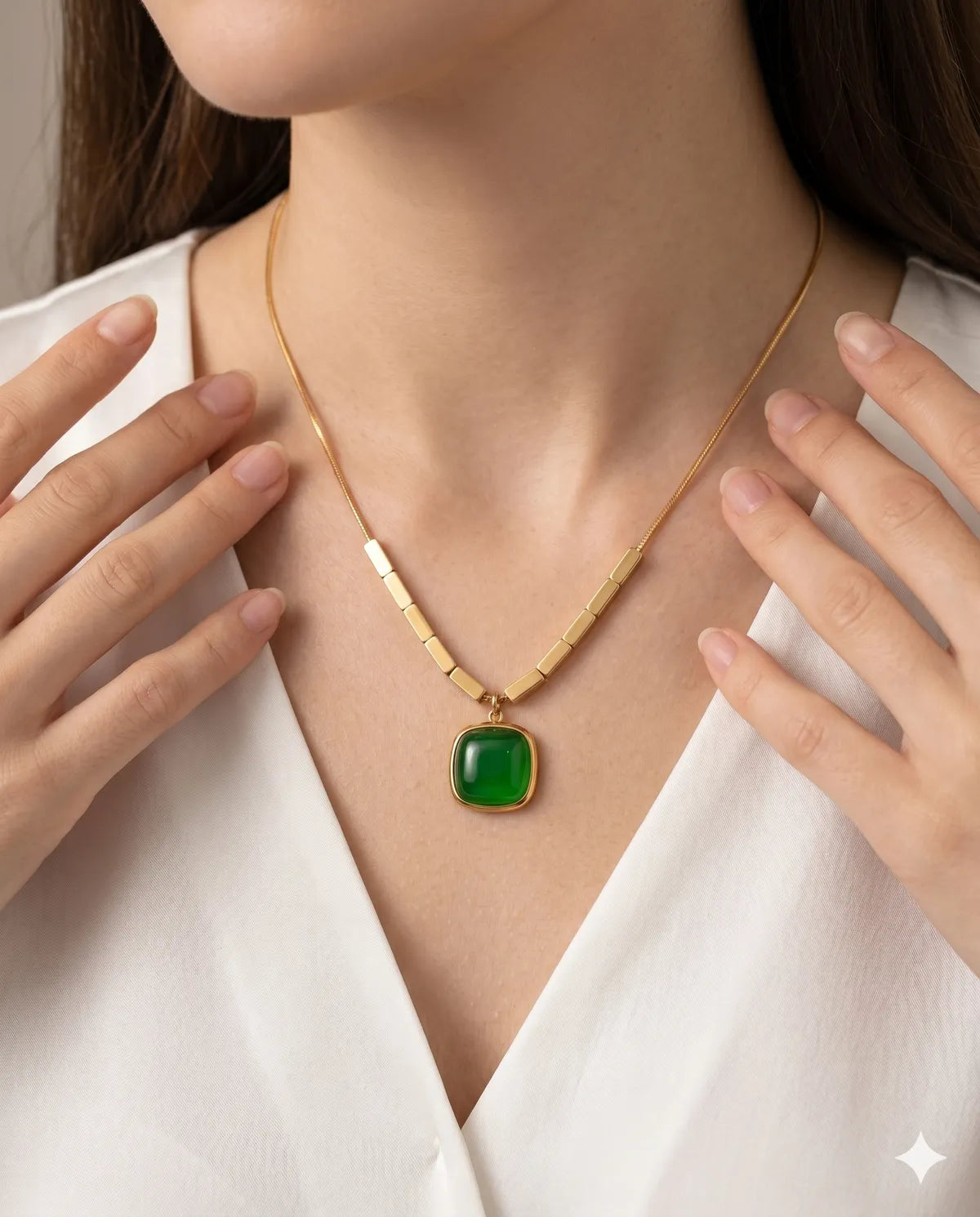 Gold Finished Green Square Pendant Minimalist Snake Necklace