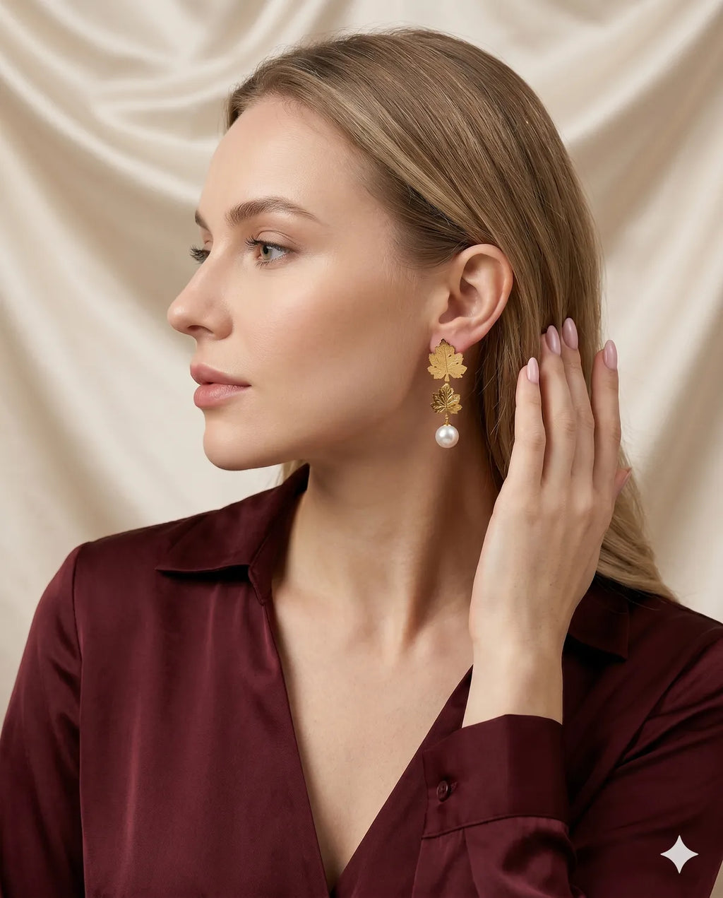 Gold Finished Maple Leaf Pearl Earrings for Women