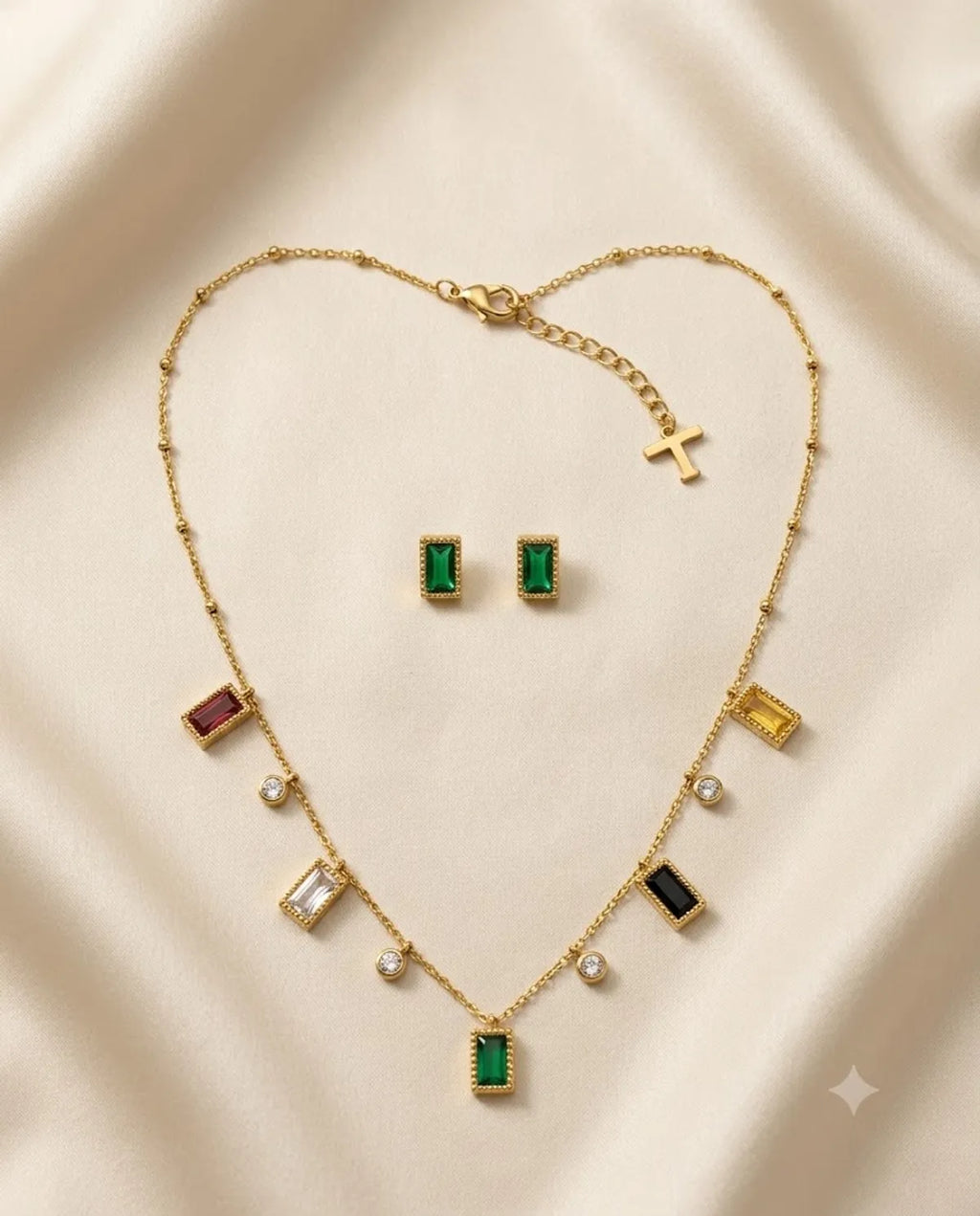 Gold Finished Multi-Color Stone Pendant Necklace Combo Set