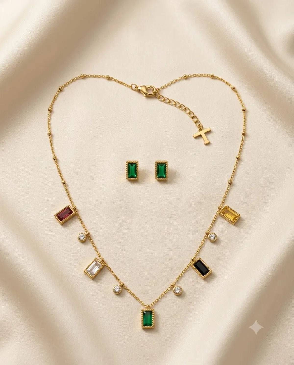 Gold Finished Multi-Color Stone Pendant Necklace Combo Set