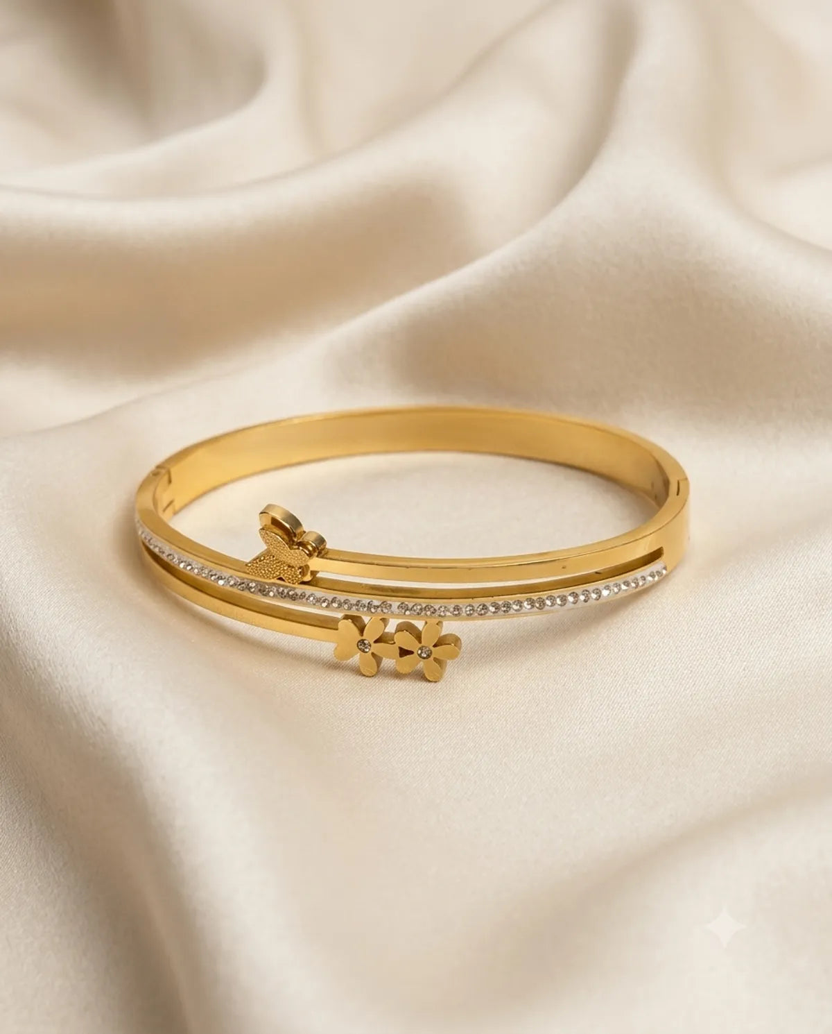 Gold Finished Pave Crystal Butterfly Flower Bangle