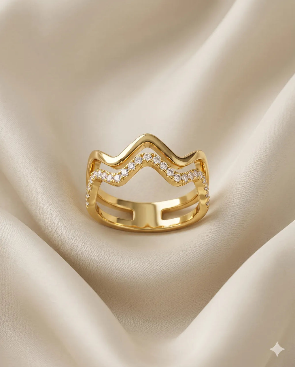 Gold Finished Pave Crystal Wave Stackable Band Ring