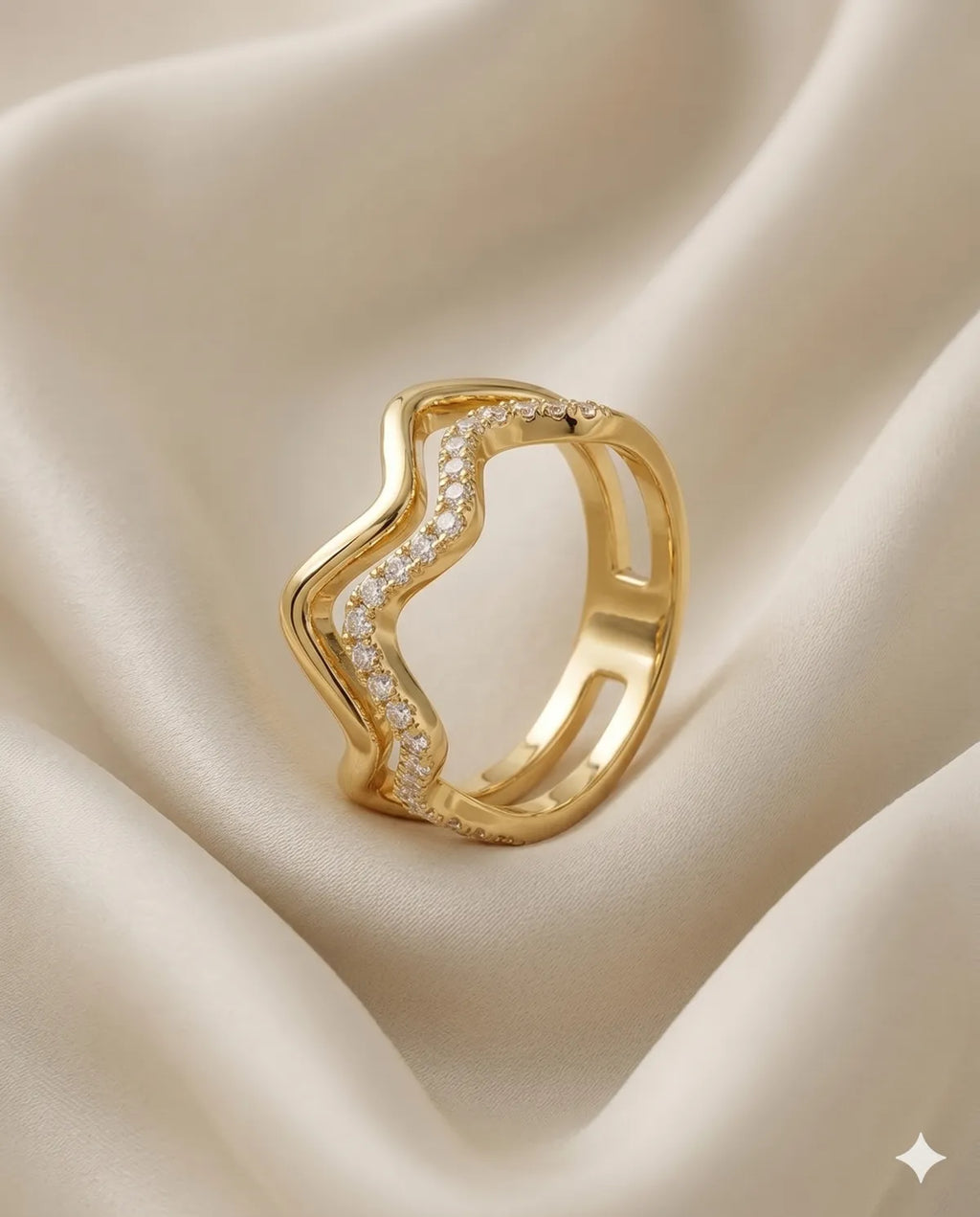 Gold Finished Pave Crystal Wave Stackable Band Ring