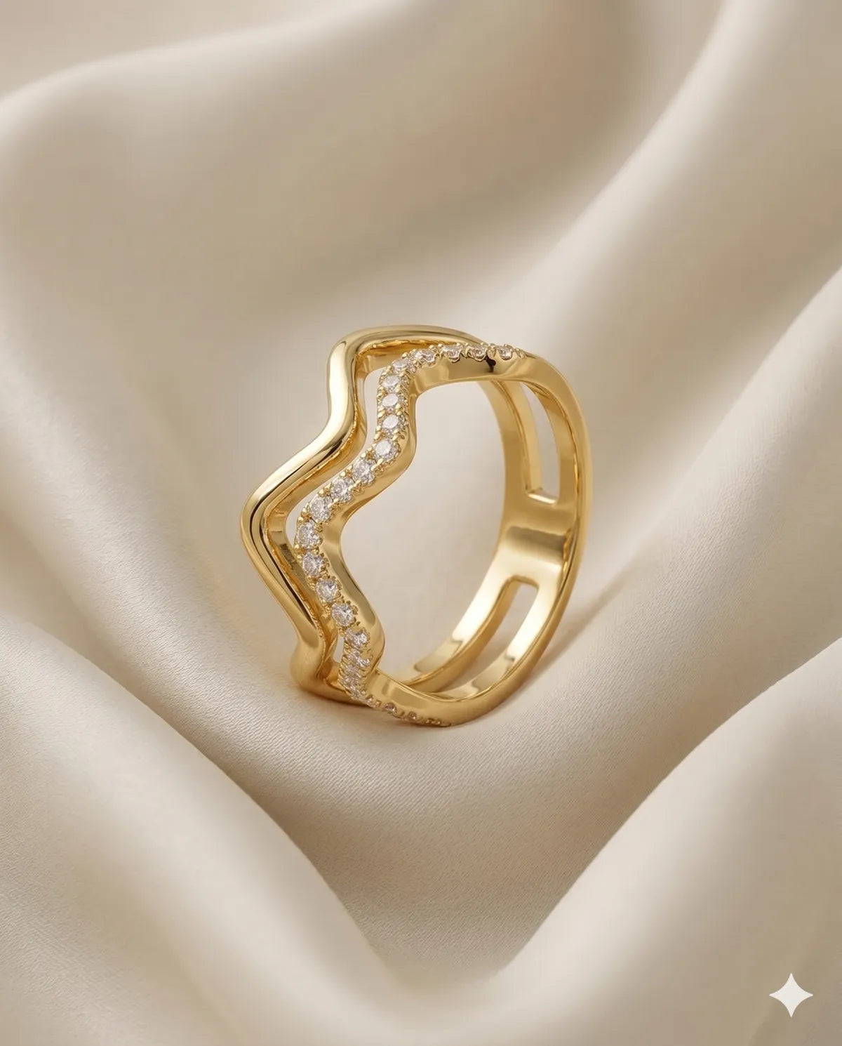 Gold Finished Pave Crystal Wave Stackable Band Ring