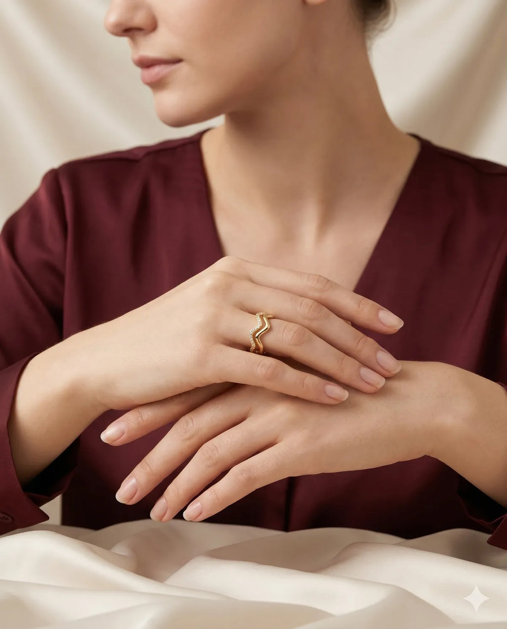 Gold Finished Pave Crystal Wave Stackable Band Ring