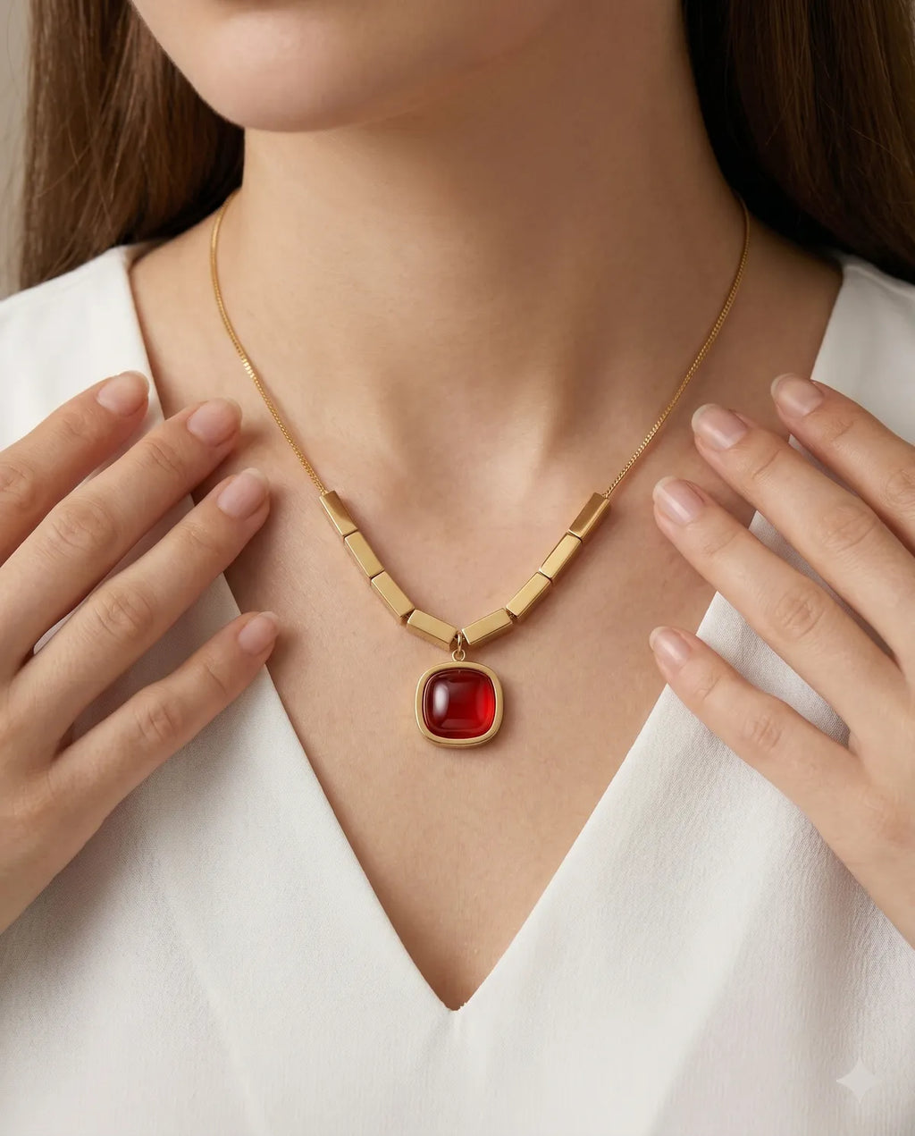 Gold Finished Peach Crystal Octagon Pendant Minimalist Necklace